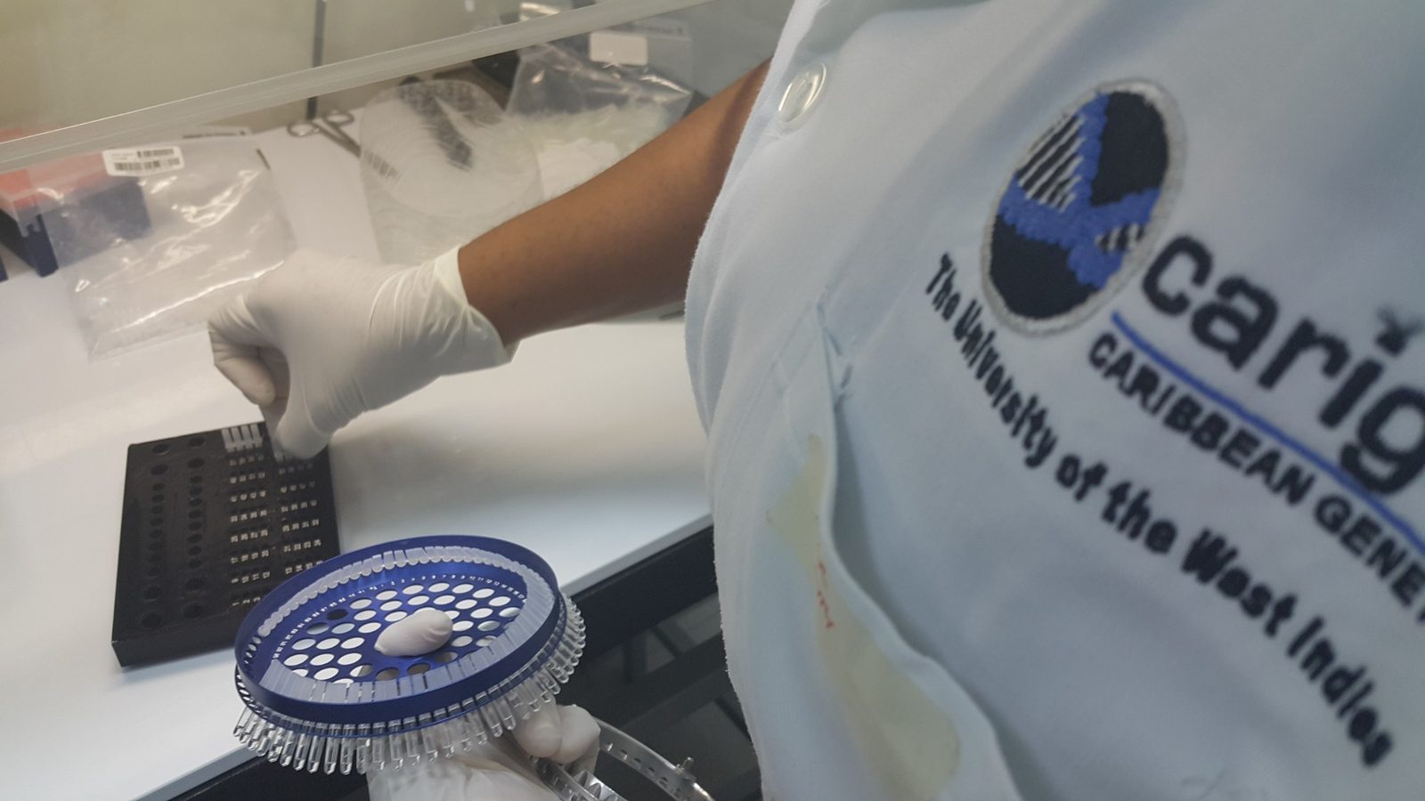 A gloved CARIGEN analyst loading a sample rotor at the laboratory bench, lab coat with the CARIGEN logo beside