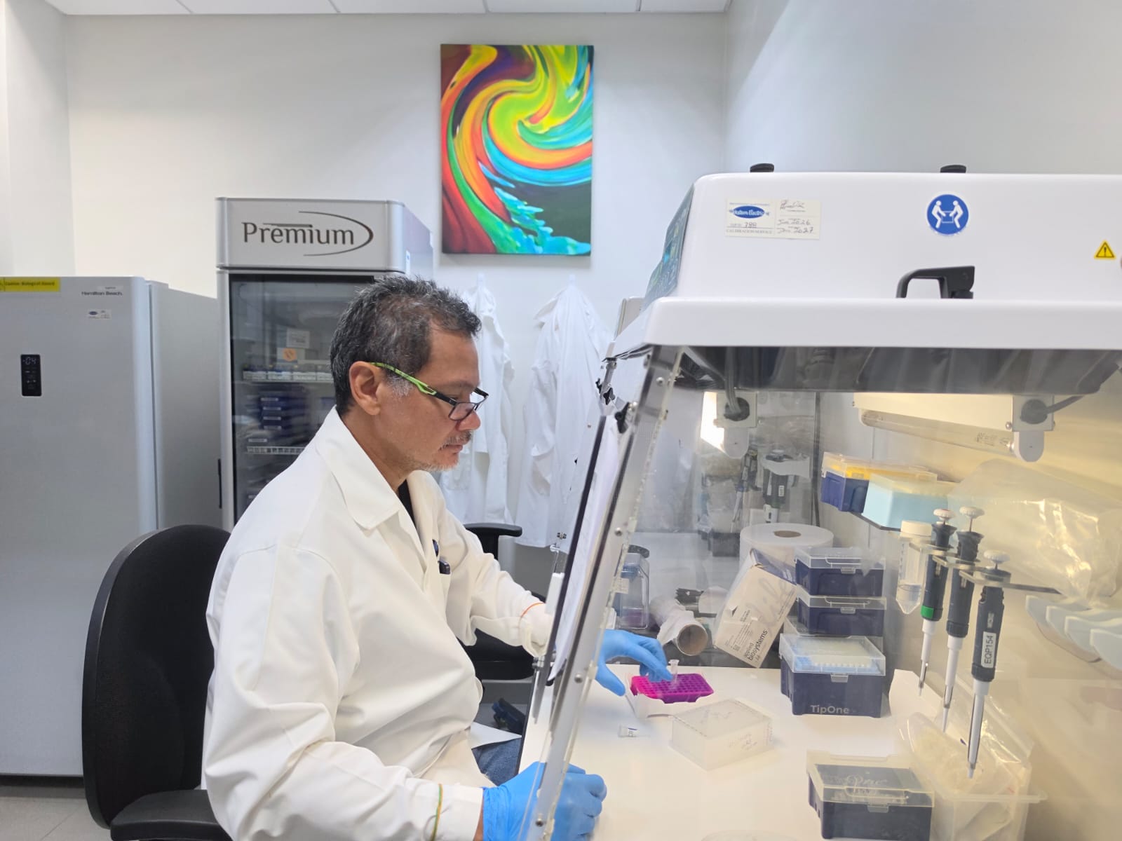 A CARIGEN scientist working inside a laminar-flow hood with a pink tube rack and pipettes